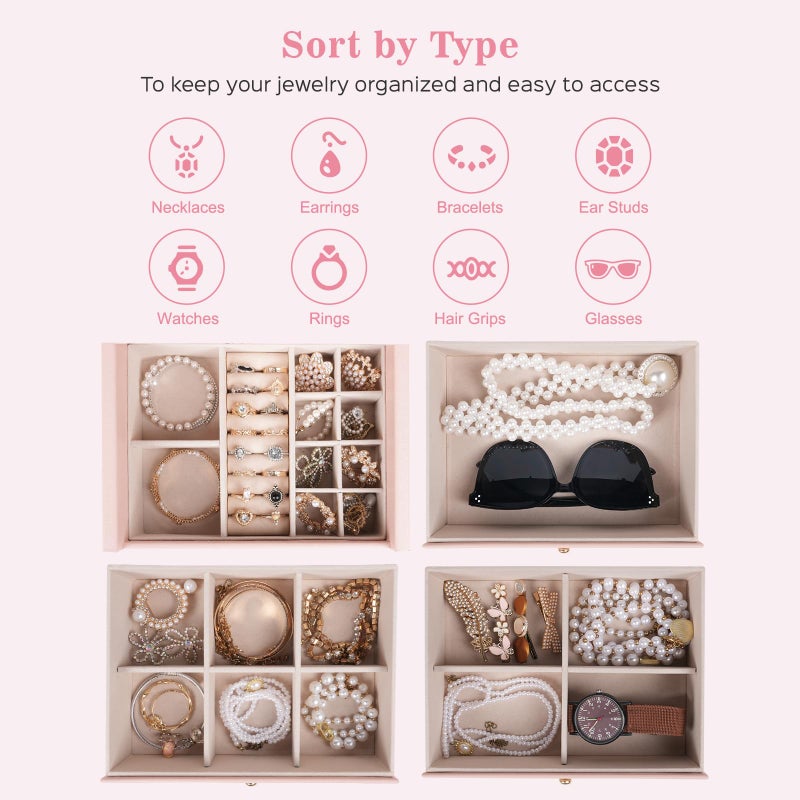 Dajasan Jewelry Box for Girls Women, 4-Tier Large Jewelry Organizer Box, Jewelry Storage Organizer, Jewelry Gift Box for Christmas, Valentine's Day, Birthday, Mother's Day (Pink) - Image 3