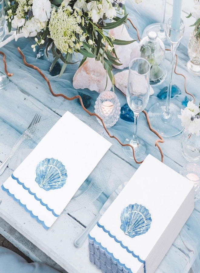 FYSUIMU 50 Pcs Blue Seashell Guest Napkins Disposable Napkins Ocean Sea Shell Scalloped Dinner Hand Paper Napkin for Bathroom Summer Holiday Party Table Supplies - Image 4