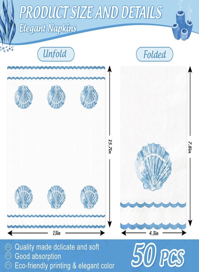 FYSUIMU 50 Pcs Blue Seashell Guest Napkins Disposable Napkins Ocean Sea Shell Scalloped Dinner Hand Paper Napkin for Bathroom Summer Holiday Party Table Supplies - Image 2