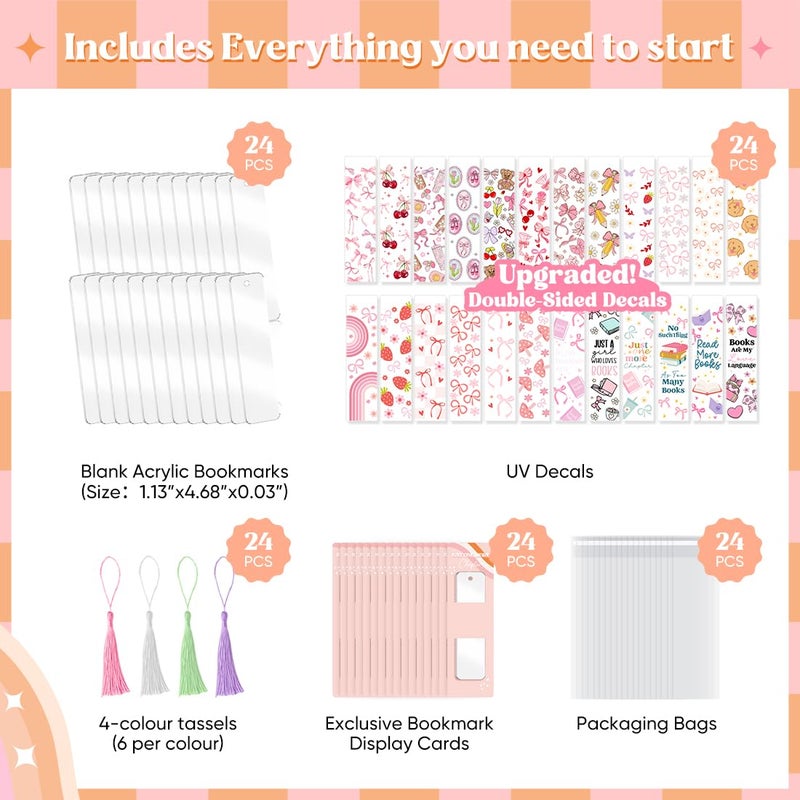 Kaciola 24PCS Acrylic Bookmark Blanks with 24PCS Pink Bow Theme UV DTF Stickers and 4 Colors Tassels,Blank Bookmarks UV DTF Transfers Stickers for DIY Crafts Hanging Tag Gift Bookmarks DIY - Image 3
