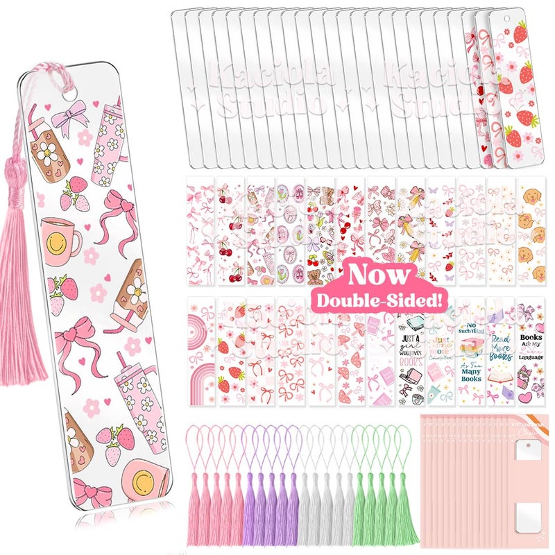 Kaciola 24PCS Acrylic Bookmark Blanks with 24PCS Pink Bow Theme UV DTF Stickers and 4 Colors Tassels,Blank Bookmarks UV DTF Transfers Stickers for DIY Crafts Hanging Tag Gift Bookmarks DIY - Image 1
