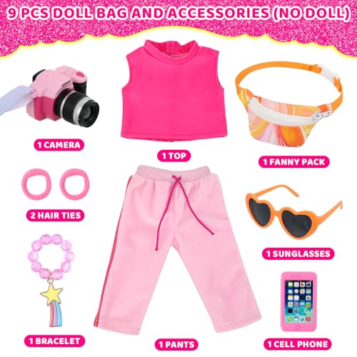 UNICORN ELEMENT American 18 inch Doll Clothes and Accessories Travel Bag Set Including Pink Top Pants Sunglasses Camera Toy Cell Phone Hair Ties and Bracelet Fit for 18 inch Doll - Image 5