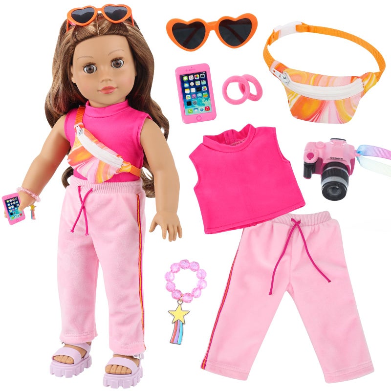 UNICORN ELEMENT American 18 inch Doll Clothes and Accessories Travel Bag Set Including Pink Top Pants Sunglasses Camera Toy Cell Phone Hair Ties and Bracelet Fit for 18 inch Doll - Image 3