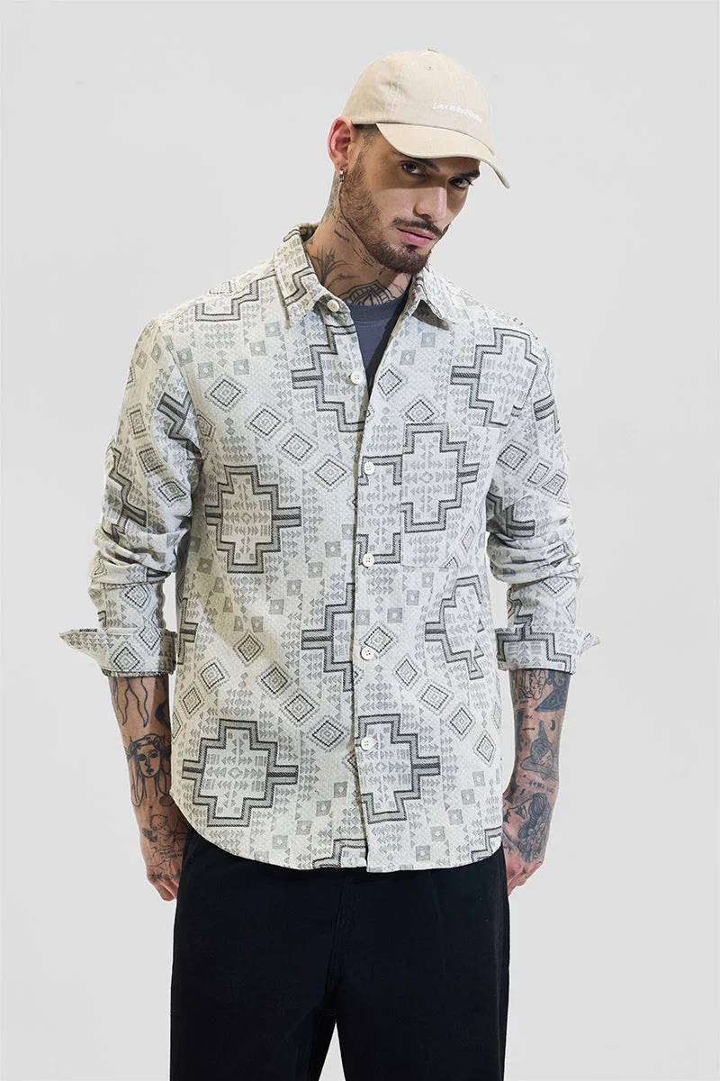 SNITCH Cream Geometric Regular Fit Overshirt