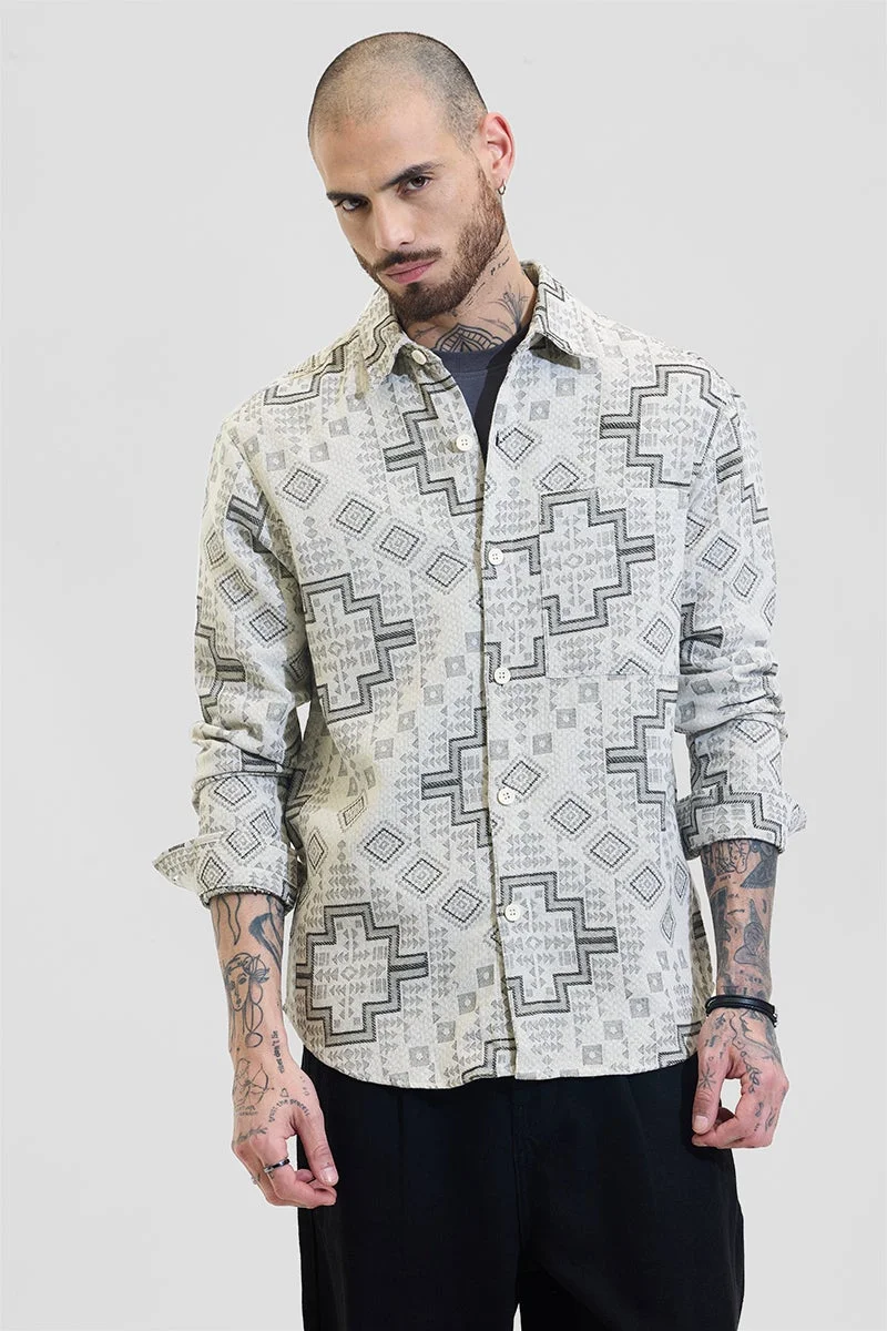 SNITCH Cream Geometric Regular Fit Overshirt