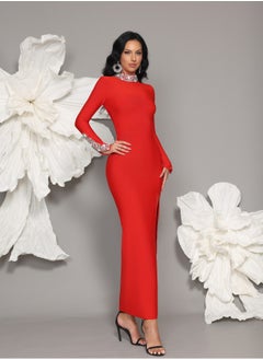 Meilun Women's Red Long Sleeved Diamond Bead Evening Dress  - Image 1