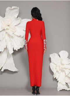 Meilun Women's Red Long Sleeved Diamond Bead Evening Dress  - Image 2