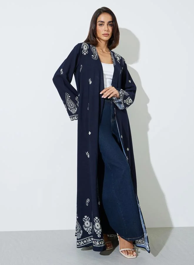 أميرة Black Paisley Front Open Rayon Abaya