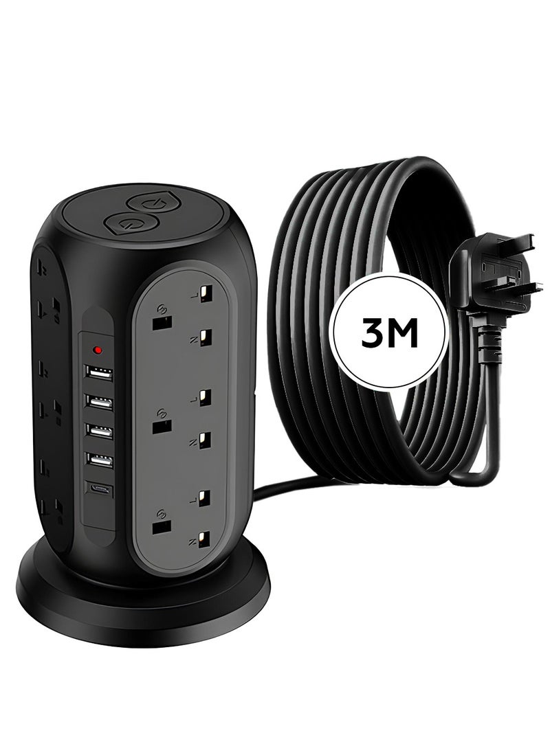 AMROAH 3M Cord Extension Tower Strip 12 Outlets 4 USB A 1 Type C 2 Switch, Surge Protector Multi Extension Tower Lead Multiplug Socket, Extension Cord with Multiple Plug for Home Office Dorm  - Image 1