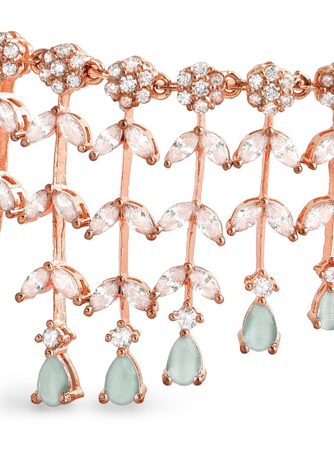 Ami Mint Green Dazzling Cubic Zirconia Designer Brass Necklace Earring Set For Women-ZPFK20385 - Image 4