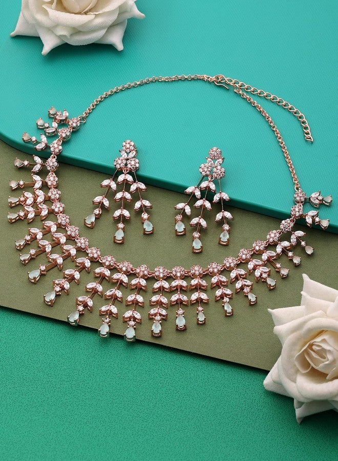 Ami Mint Green Dazzling Cubic Zirconia Designer Brass Necklace Earring Set For Women-ZPFK20385 - Image 2