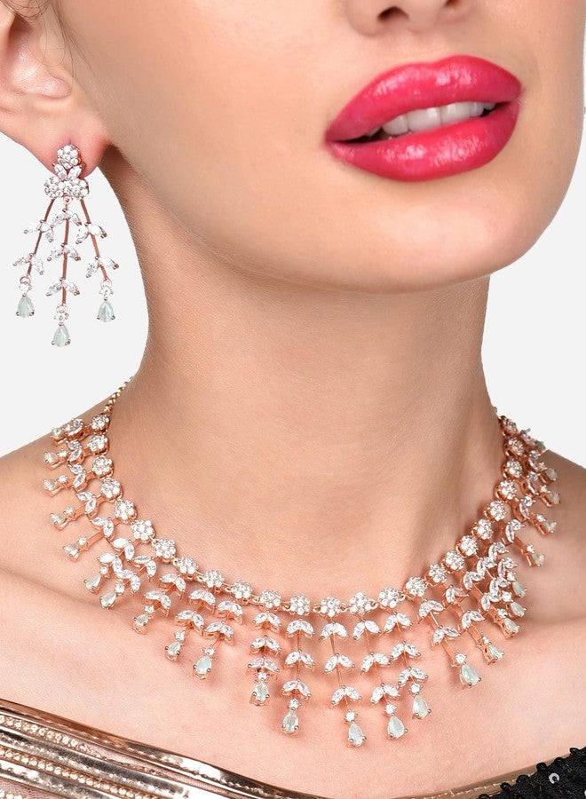 Ami Mint Green Dazzling Cubic Zirconia Designer Brass Necklace Earring Set For Women-ZPFK20385 - Image 3