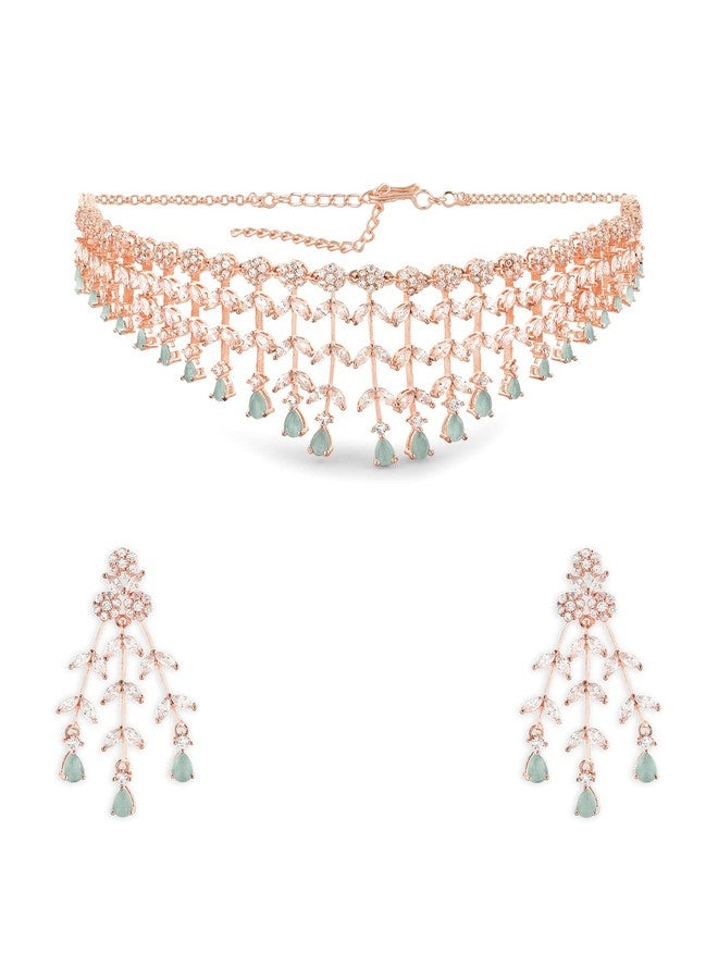 Ami Mint Green Dazzling Cubic Zirconia Designer Brass Necklace Earring Set For Women-ZPFK20385 - Image 1