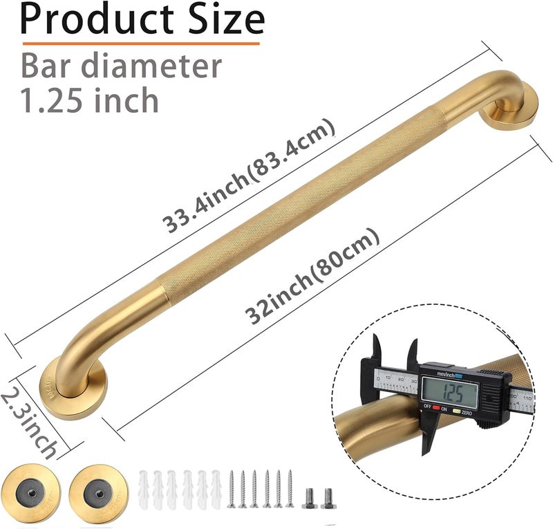 Rackickyer Shower Grab Bar, 2 Pack 32 Inch Gold Bathroom Grab Bar, 1.25" Diameter 304 Stainless Steel Anti-Slip Grab Bars for Bathtubs and Showers, Handicap Shower Grab Bar for Seniors Elderly - Image 2