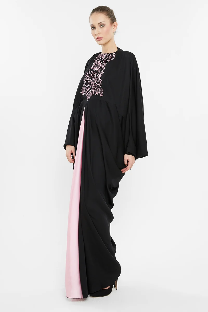 النخبة A designer Black and pink floral embroidery batwing style abaya that comes with a matching sheila-AJ66A
