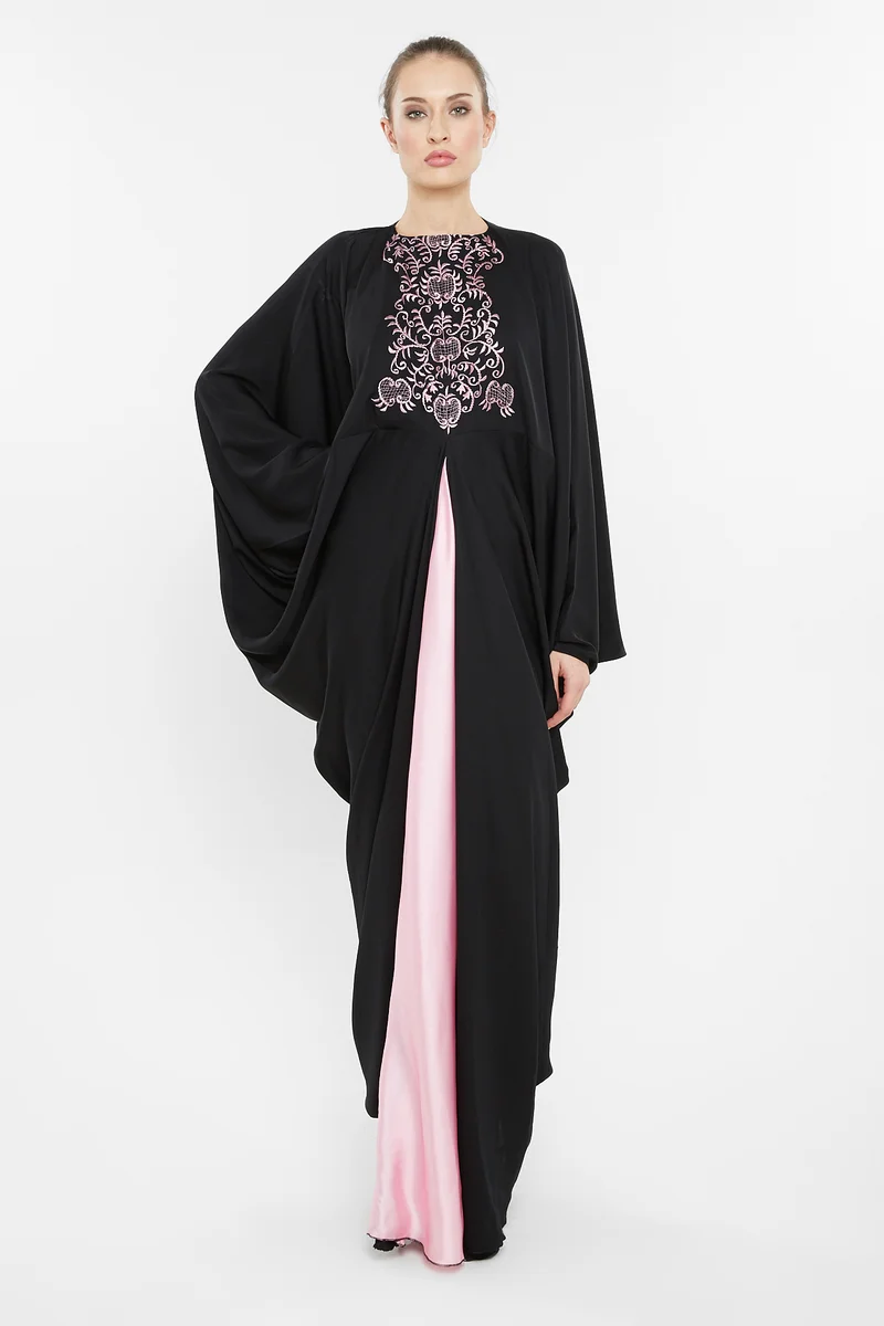 النخبة A designer Black and pink floral embroidery batwing style abaya that comes with a matching sheila-AJ66A