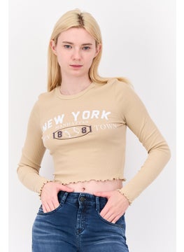 Women Crew Neck Graphic Print Top, Tan