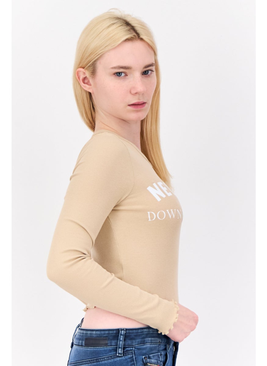Don't Call Me Jennyfer - Women Crew Neck Graphic Print Top, Tan - Image 1