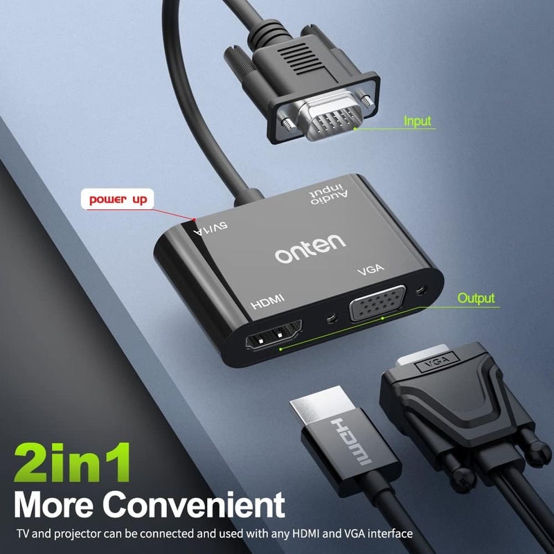 onten VGA to HDMI VGA Adapter, VGA Splitter 1 VGA in HDMI VGA 2 Out, VGA to HDMI VGA Adapter for Computer, Desktop, Laptop, PC, Monitor, Projector Work Need Power - Image 2