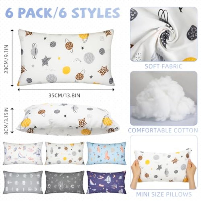 6 Pack Small Pillow for Daycare 9.1 x 13.8'' Mini Pillow for Boys Girls Tiny Travel Pillow Soft Machine Washable Dinosaur Unicorn Pillows for School Nap Time Pet Neck Lumbar - Image 2