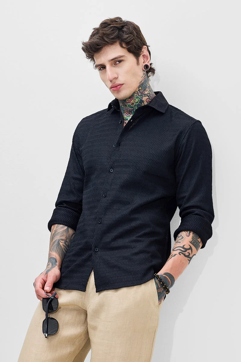 SNITCH Jet Black Textured Long Sleeve Slim Fit Shirt