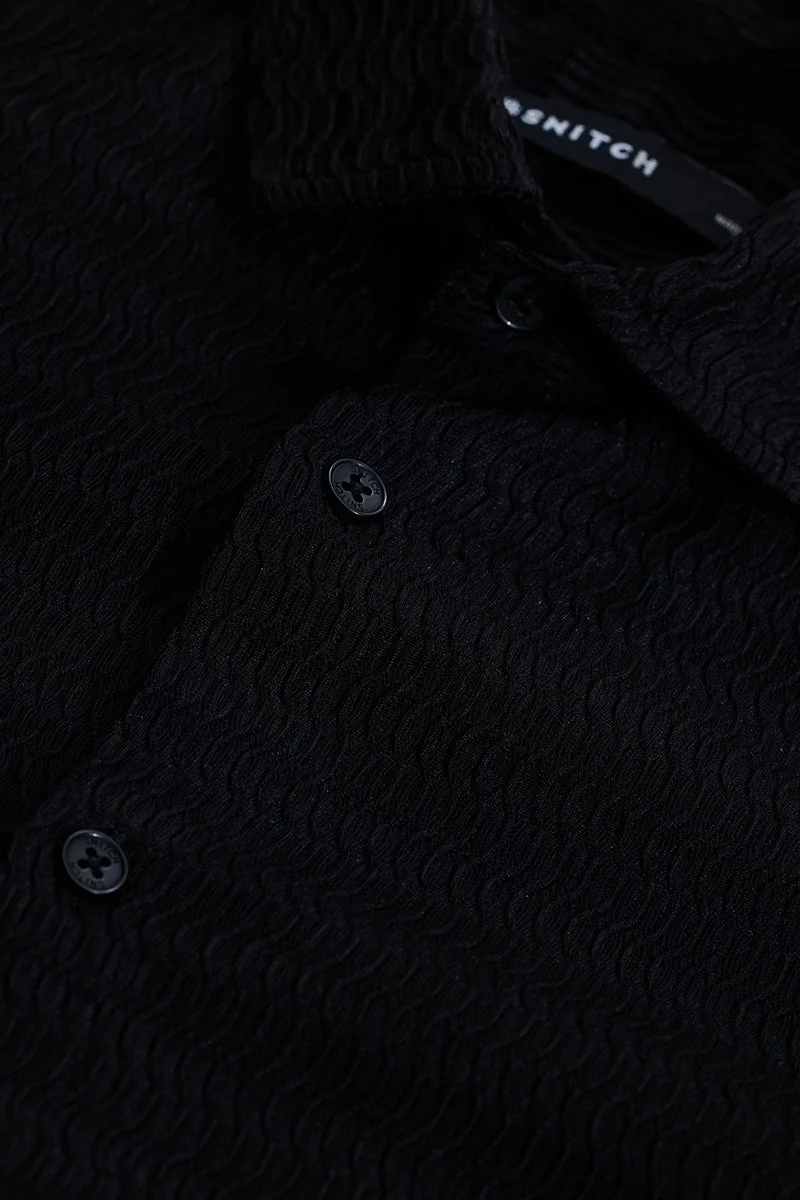 سنيتش Jet Black Textured Long Sleeve Slim Fit Shirt