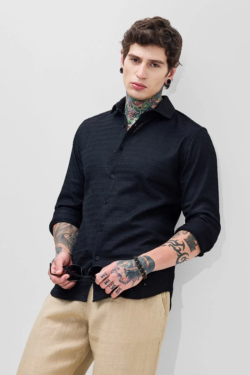 SNITCH Jet Black Textured Long Sleeve Slim Fit Shirt