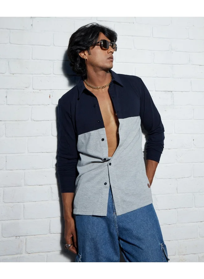 Campus Sutra Men's Navy Blue & Light Grey Contrast Panel Shirt