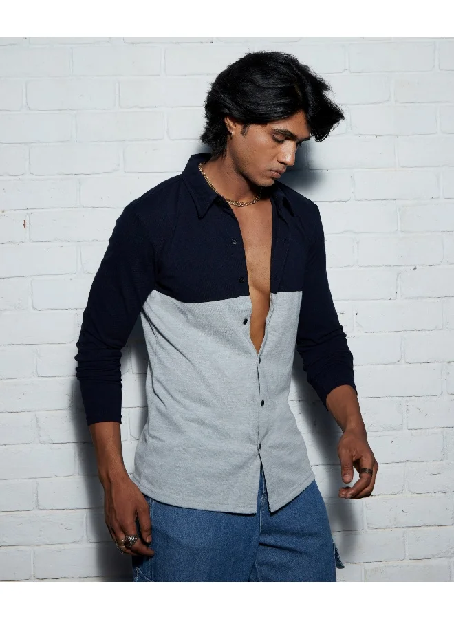 Campus Sutra Men's Navy Blue & Light Grey Contrast Panel Shirt