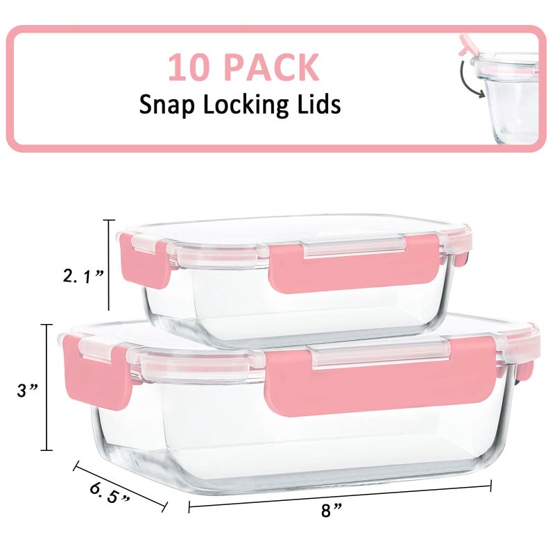 M MCIRCO [10-Pack Meal Prep Containers with Snap Locking Lids, Glass Airtight Lunch, Food Storage Containers, Microwave, Oven, Freezer and Dishwasher Friendly, Pink - Image 2