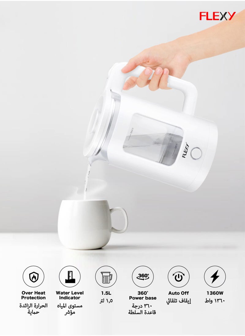 Flexy FLEXY® 1.5L 1360W Electric Kettle Glass Water Boiler | Double Crystal Walls, Auto Shut-Off | Instant Water Heater Tea Maker | Boil-Dry Protection, 360° Swivel Base | Cool Handle  - Image 5