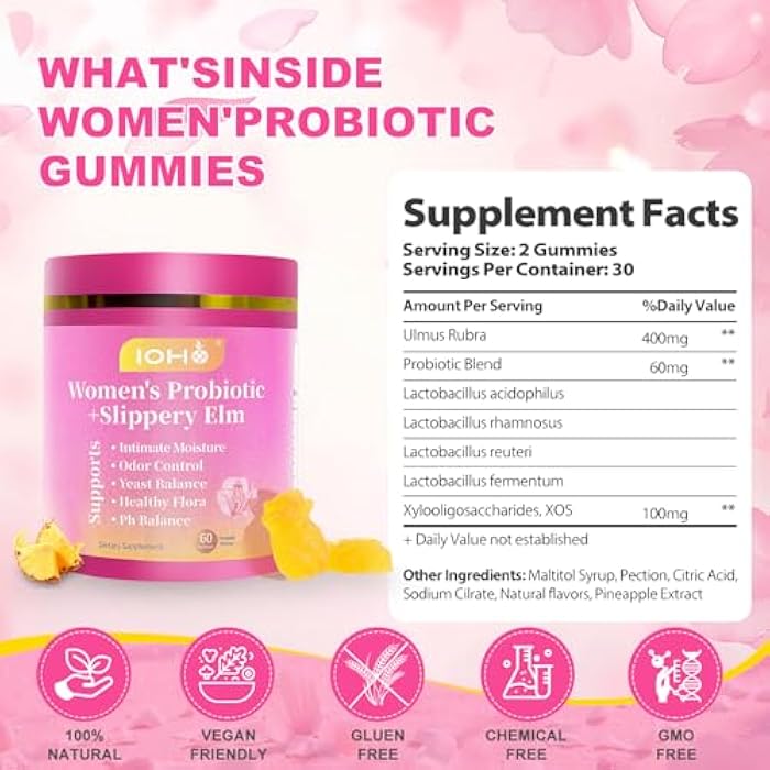 ZREVSB Her Juicy Feminine Probiotics Gummies for Women Tropical Pineapple Flavor | Supports pH Balance, Digestive & Immune Health | with Slippery Elm | 60 Gummies (1 Pack) - Image 3