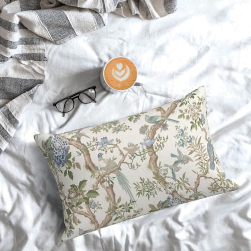 GOLIANDA Blue Green Floral Bird Pillow Covers 12x20 Set of 2 Chinoiserie Throw Pillows Green Vintage Flowers Bird Decorative Pillow Cases Outdoor Farmhouse Lumbar Decor Cushion Case for Couch Sofa - Image 4