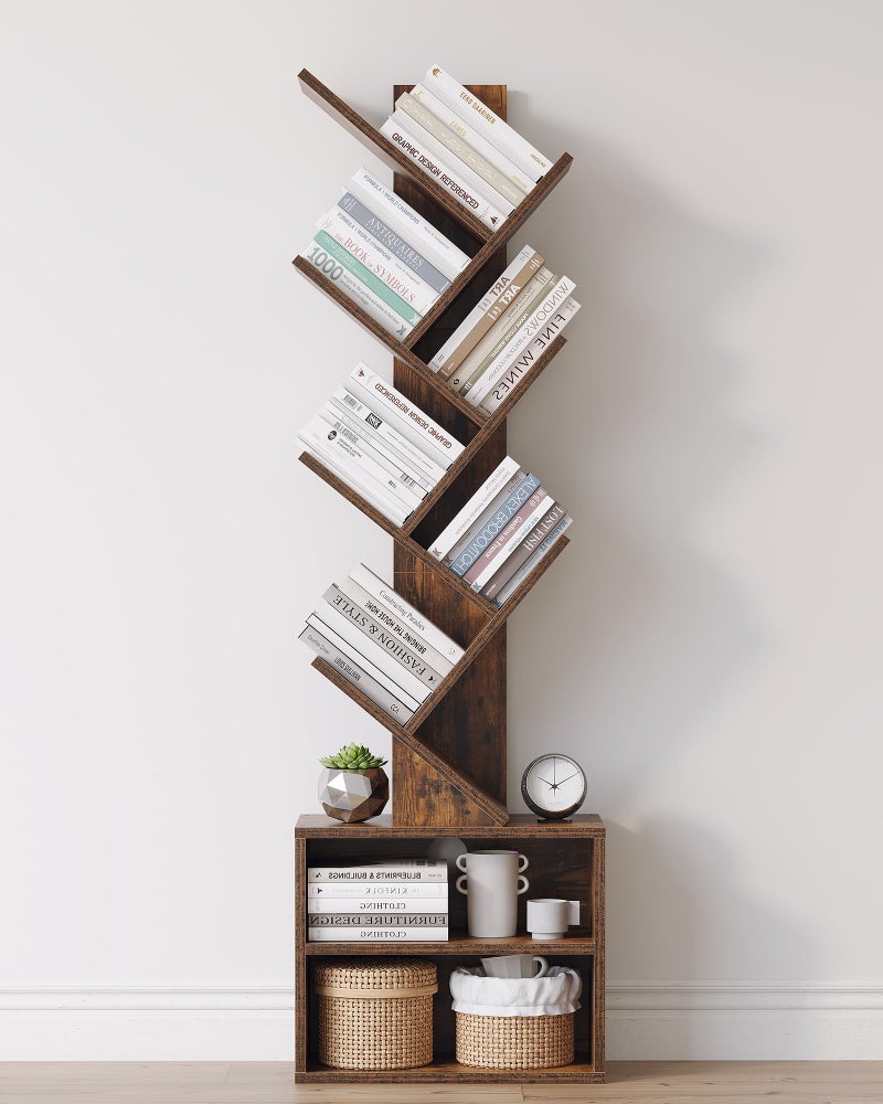 SUNMORY 6 Tier Tree Bookshelf, Small Bookcase with Storage Cabinet, Modern Tall Narrow Bookshelves Organizer, Floor Standing Book Shelf for Bedroom/Living Room/Home Office/Corner, Rustic Brown - Image 1
