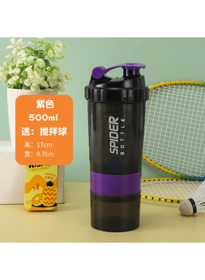 SPIDER BOTTLE Purple 500ml Three-layer Shaker Cup, Large-capacity Fitness Water Cup, Sports Water Bottle, Protein Powder Milkshake Shaker Cup, Plastic Cup - Image 1