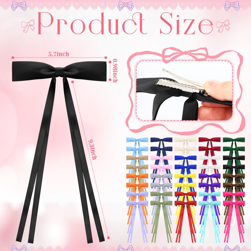 Mimorou 40 Pcs Bow Hair Clips Bulk Multicolor Bow Barrettes Set Hair Accessories with Long Tail Ribbon Bowknot Barrettes Clip and Tassel Colorful Valentine's Day Galentines Women Gift(Classic Colors) - Image 2