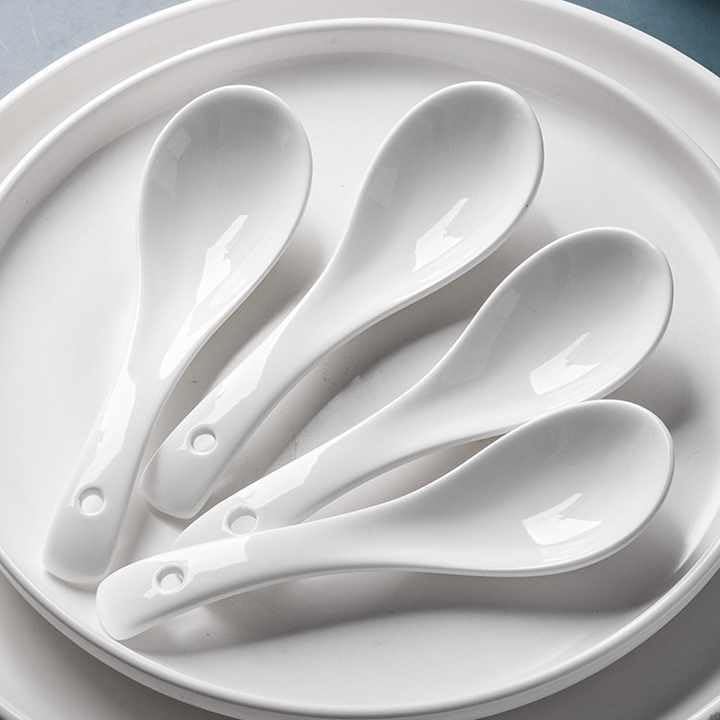 DOMINGO HUB® Ceramic Spoon, Ceramic Rice Serving Spoon Set of 6 Long Handled Soup Spoons, Dessert Chinese Pure Ceramic Dining Tableware Cutlery & Flatware Spoons Set, Home and Kitchen Tool - Image 2