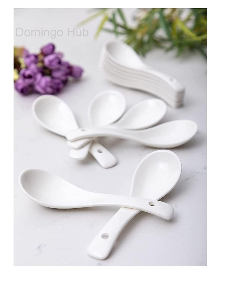 DOMINGO HUB® Ceramic Spoon, Ceramic Rice Serving Spoon Set of 6 Long Handled Soup Spoons, Dessert Chinese Pure Ceramic Dining Tableware Cutlery & Flatware Spoons Set, Home and Kitchen Tool - Image 5
