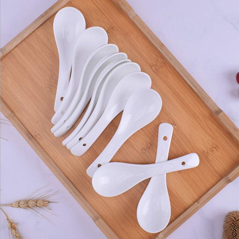 DOMINGO HUB® Ceramic Spoon, Ceramic Rice Serving Spoon Set of 6 Long Handled Soup Spoons, Dessert Chinese Pure Ceramic Dining Tableware Cutlery & Flatware Spoons Set, Home and Kitchen Tool - Image 4