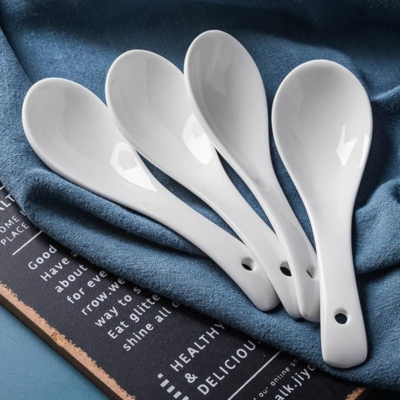 DOMINGO HUB® Ceramic Spoon, Ceramic Rice Serving Spoon Set of 6 Long Handled Soup Spoons, Dessert Chinese Pure Ceramic Dining Tableware Cutlery & Flatware Spoons Set, Home and Kitchen Tool - Image 3