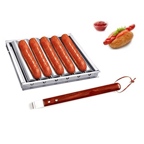 i Kito Charcoal Stainless Steel Hot Dog Sausage Roller Rack Steamer With Extra Long Wood Handle New BBQ Tools 5 Section Brat Griller - Image 1