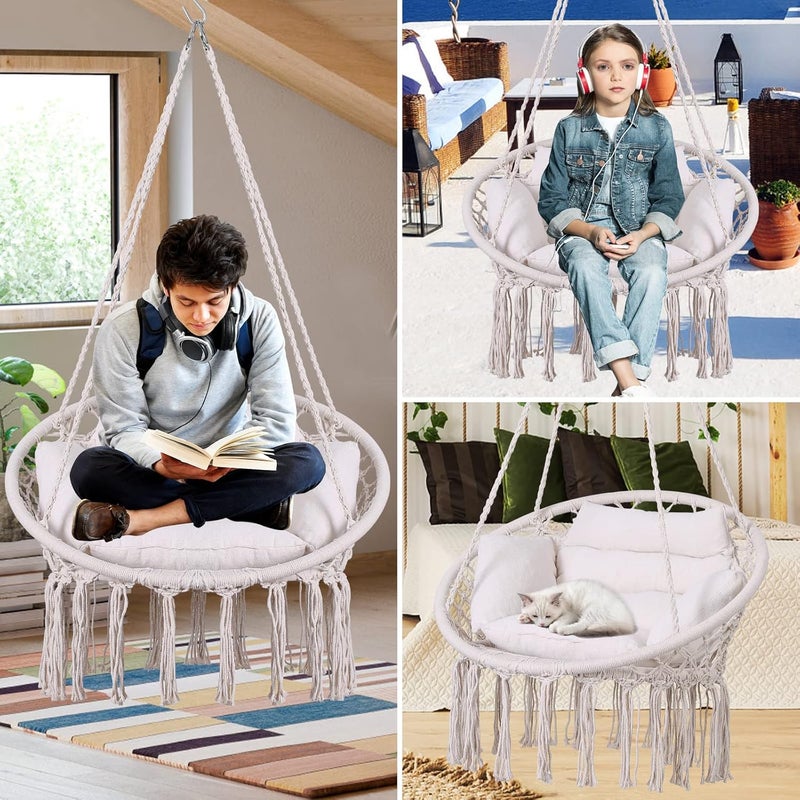 GOUTIME Hammock Chair, Macrame Hanging Swing Chairs with Cushion and Hardware Kit,Adult Boho Swings for Outside,Patio,Balcony,Bedroom (Beige) - Image 4