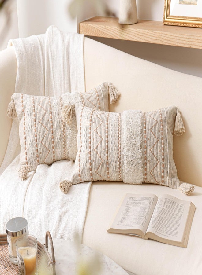 BlissBlush Decorative Lumbar Throw Pillow Cover 12x20 Combo Set of 2 Cream Neutral White Rectangular Boho Accent Pillowcase Farmhouse Cushion for Couch Sofa Bedroom Living Home Décor Cover ONLY - Image 1