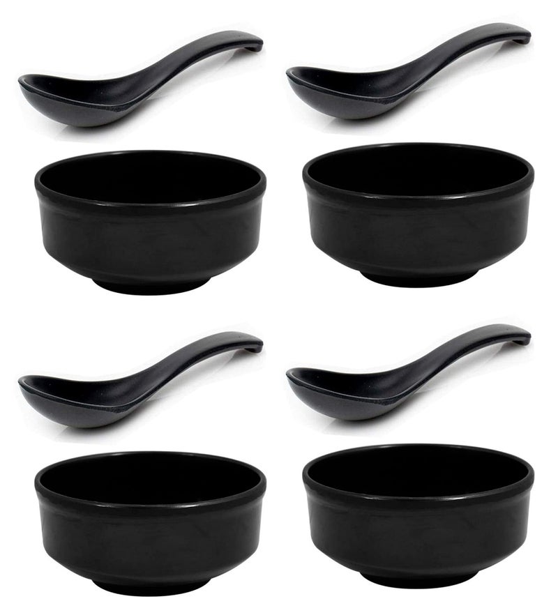 HAINE Unbreakable Pure Melamine Soup Bowl Set with Soup Spoons, Black (4) - Image 5