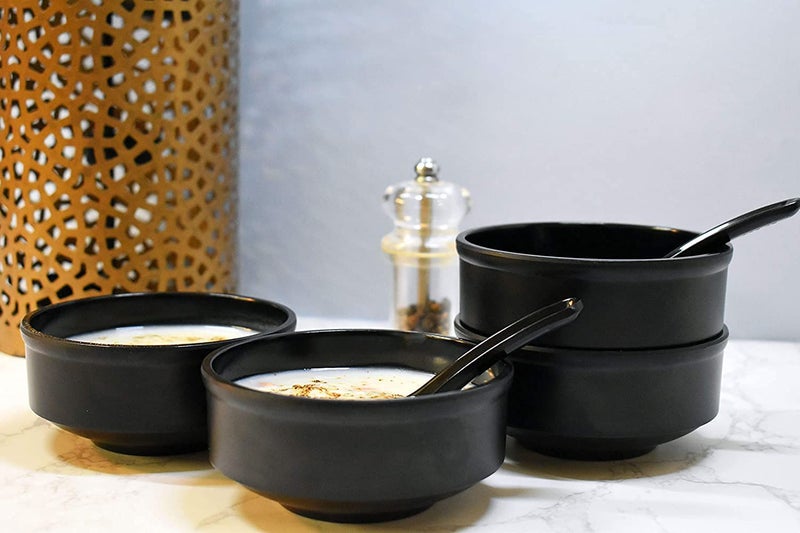HAINE Unbreakable Pure Melamine Soup Bowl Set with Soup Spoons, Black (4) - Image 2
