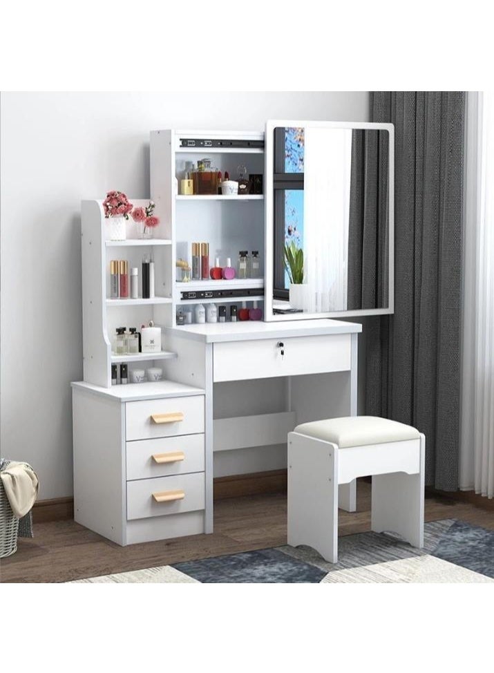 Vanity Desk Chair Set with Mirror, Makeup Table with Stool, Dressing Table with Storage Drawer Shelves, Vanity Table with Lots Storage for Bedroom (White) - Image 1