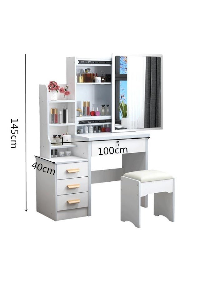 Vanity Desk Chair Set with Mirror, Makeup Table with Stool, Dressing Table with Storage Drawer Shelves, Vanity Table with Lots Storage for Bedroom (White) - Image 2