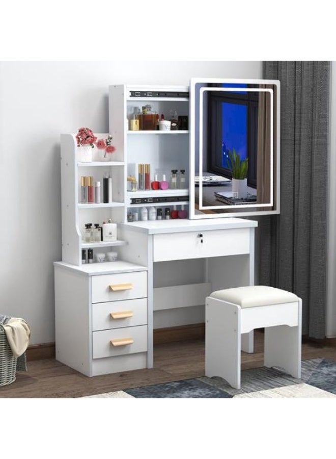 Vanity Desk Chair Set with Mirror, Makeup Table with Stool, Dressing Table with Storage Drawer Shelves, Vanity Table with Lots Storage for Bedroom (White) - Image 4