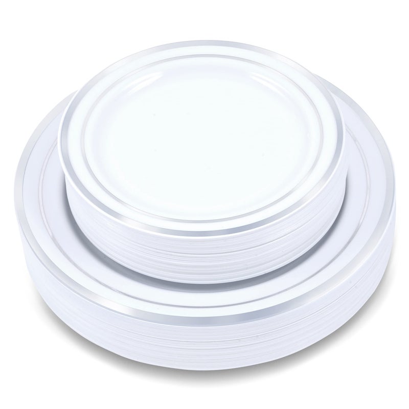 Crystal Ridge Tableware Crystal Ridge Tableware 60 Pieces White Plastic Disposable Plates  Premium HeavyDuty 30 Dinner Plates  30 Salad Plates with Silver Rim Ideal for Party Birthday and Special Events