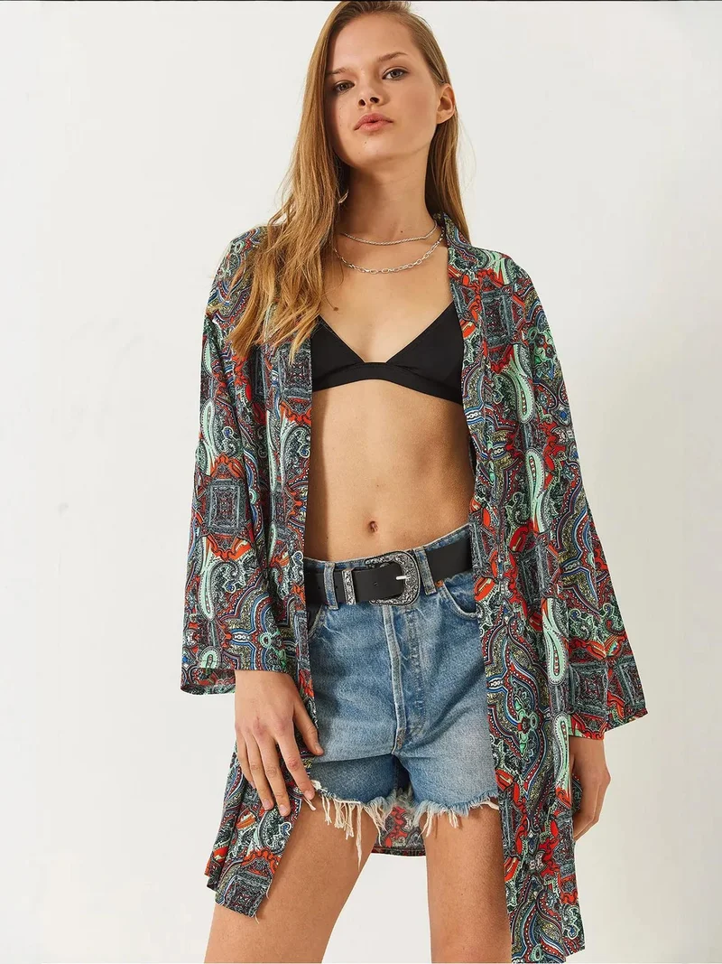 Bianco Lucci LUCCI Patterned Long Kimono with Shawl Collar